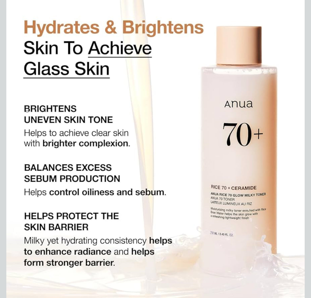 Anua Rice 70 Glow Milky Toner, Glass & Dewy Skin, Hydrating & Barrier Care, Rice Water, Niacinamide, Ceramides, All Skin Types, Fragrance-Free, Non Comedogenic, Korean Skincare