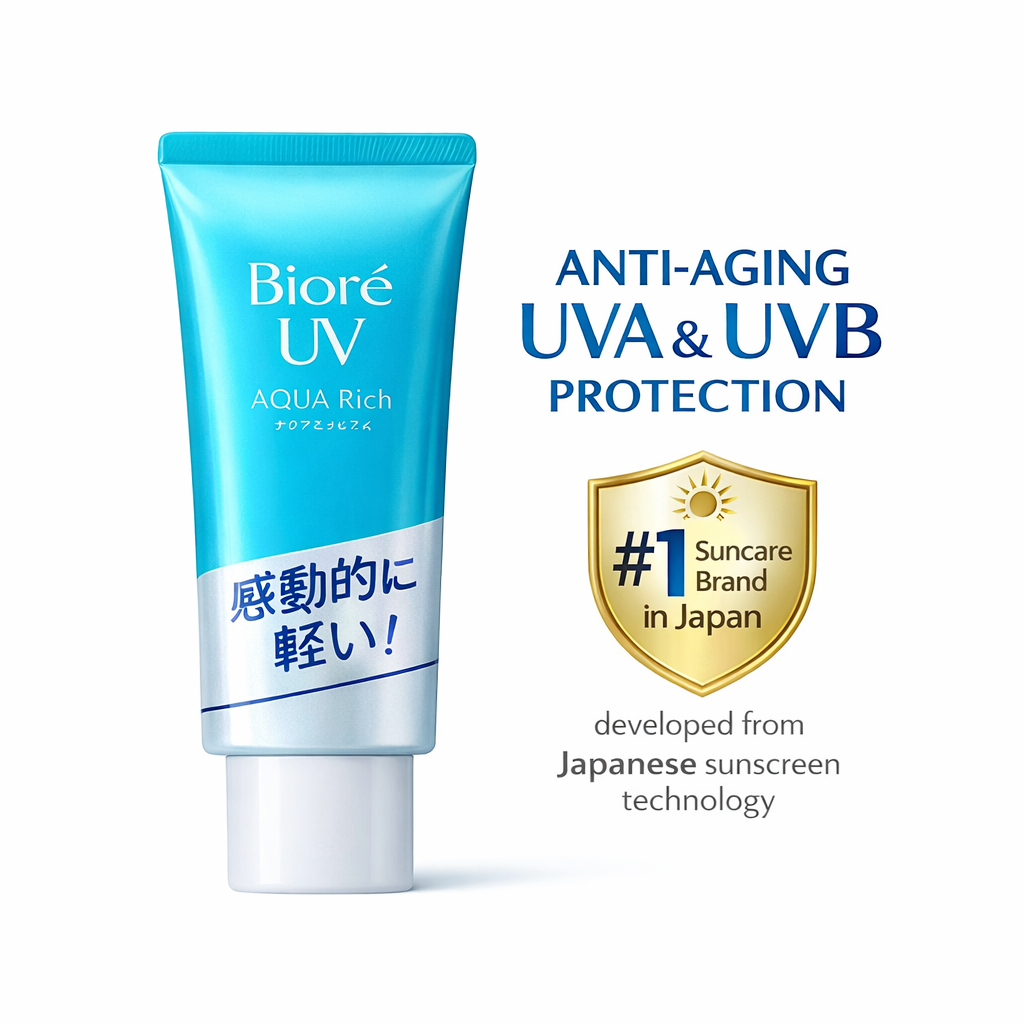 Biore UV Aqua Rich Daily Hydrating Facial Moisturizer with SPF 50 Oil Free Sunscreen for Sensitive Skin with Hyaluronic Acid, Non-Comedogenic Lightweight