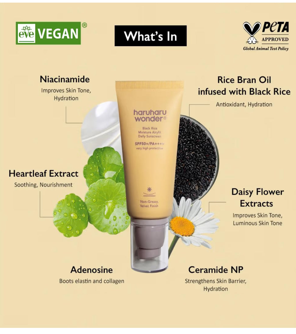 Haruharu Wonder Black Rice Moisture Airyfit Daily Sunscreen 1.69fl.oz - Velvet Finish, No White Cast, Hydrating, Moisturizing, Korean Skin Care, Vegan, Clean Beauty